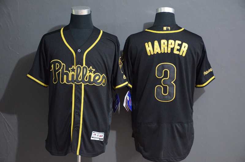 Phillies 3 Bryce Harper Black Gold Flexbase Jersey,We sell and wholesale Phillies 3 Bryce Harper Black Gold Flexbase Jersey on line form chian!